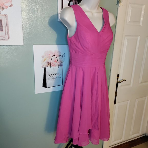 V Neck Midi Dress Chiffon Aline Pleat Lace Up Back In Pink - Picture 4 of 12